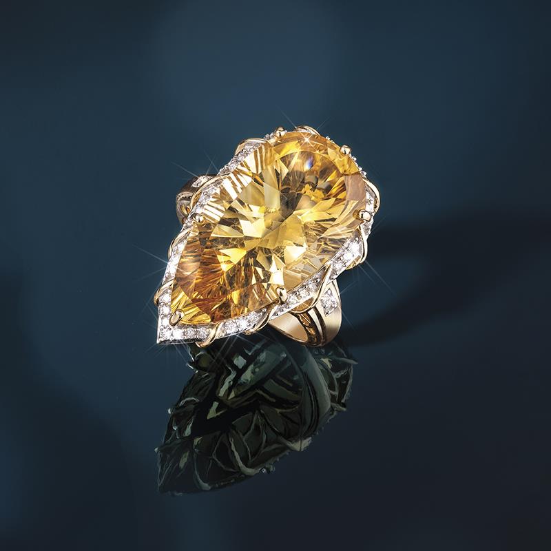 14K Gold Fancy Cut Citrine & Diamond Ring